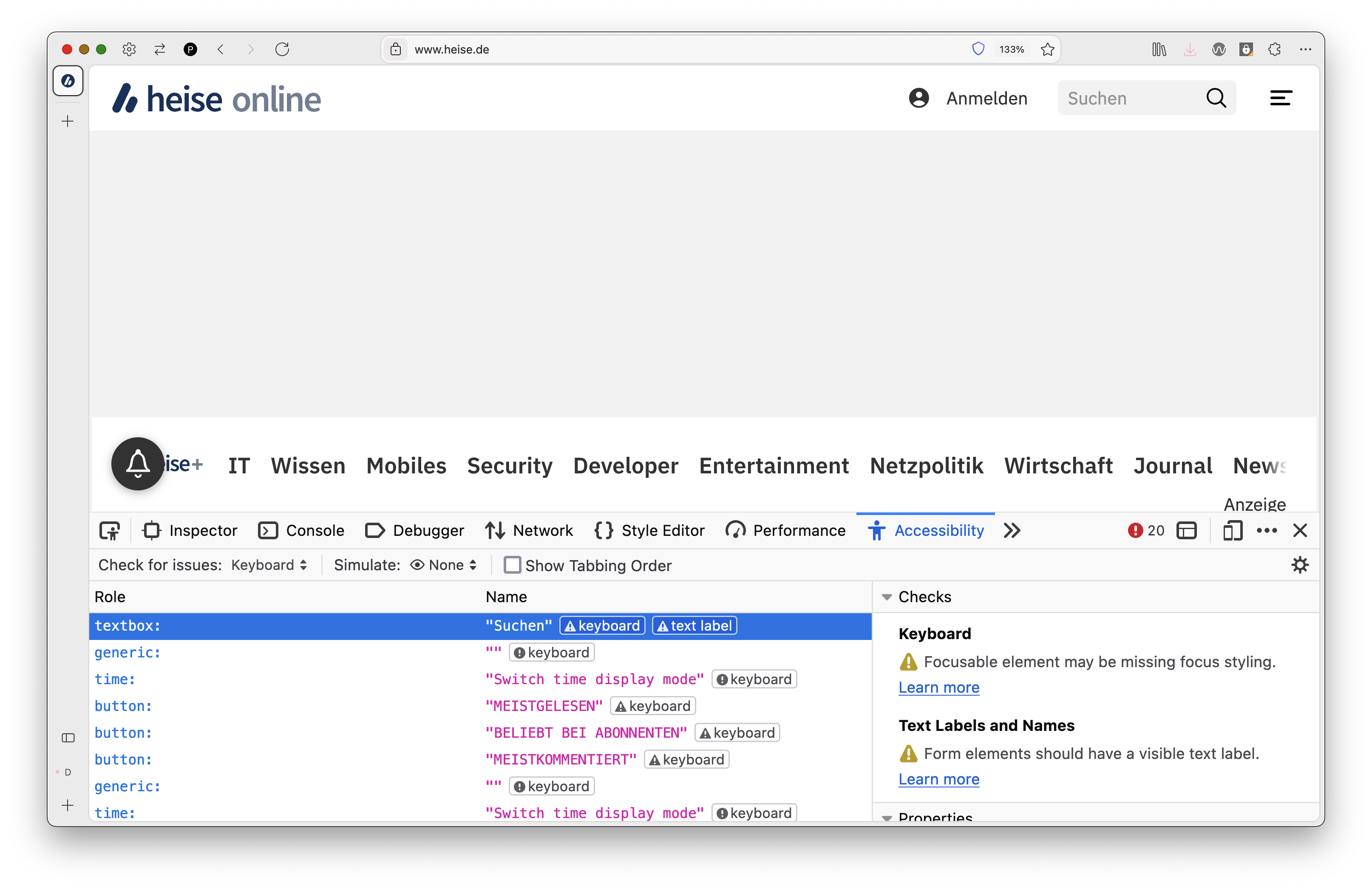 screenshot of heise.de of an inaccessible element with no focus styling