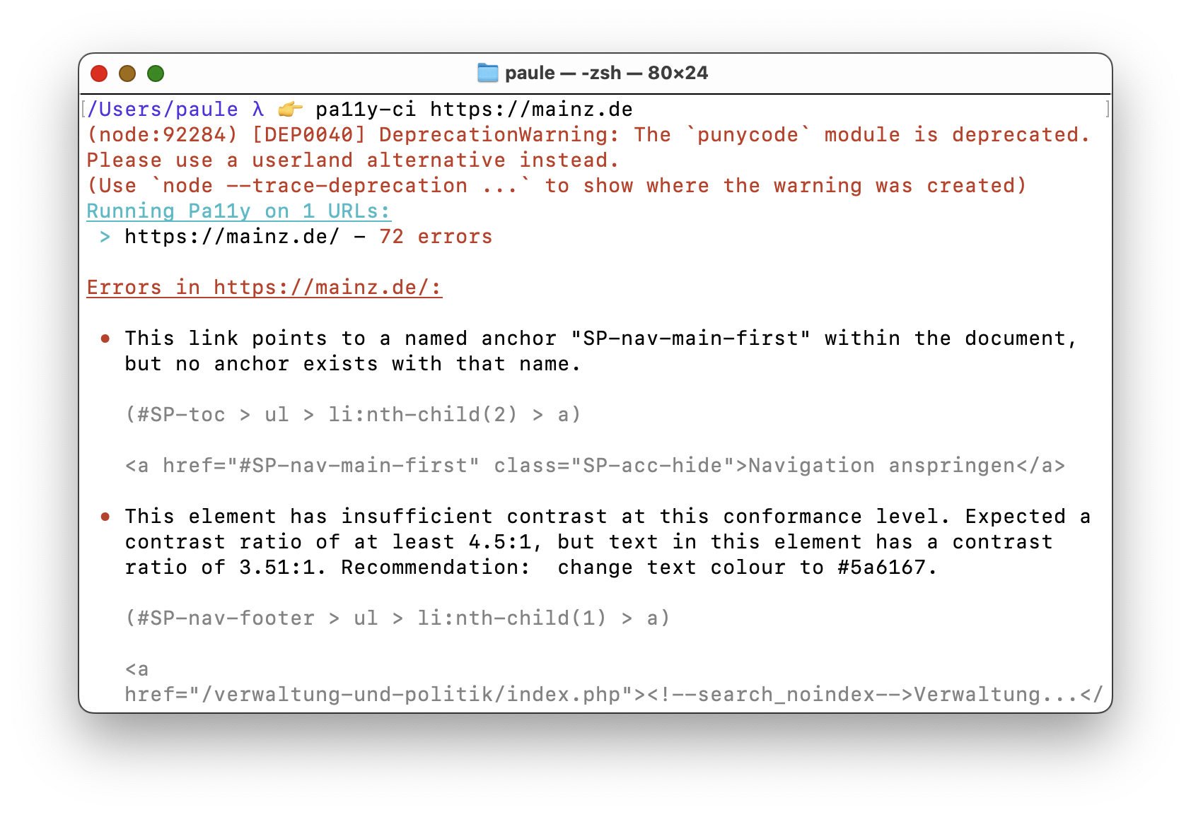screenshot of a terminal with the pa11y-ci command run for mainz.de