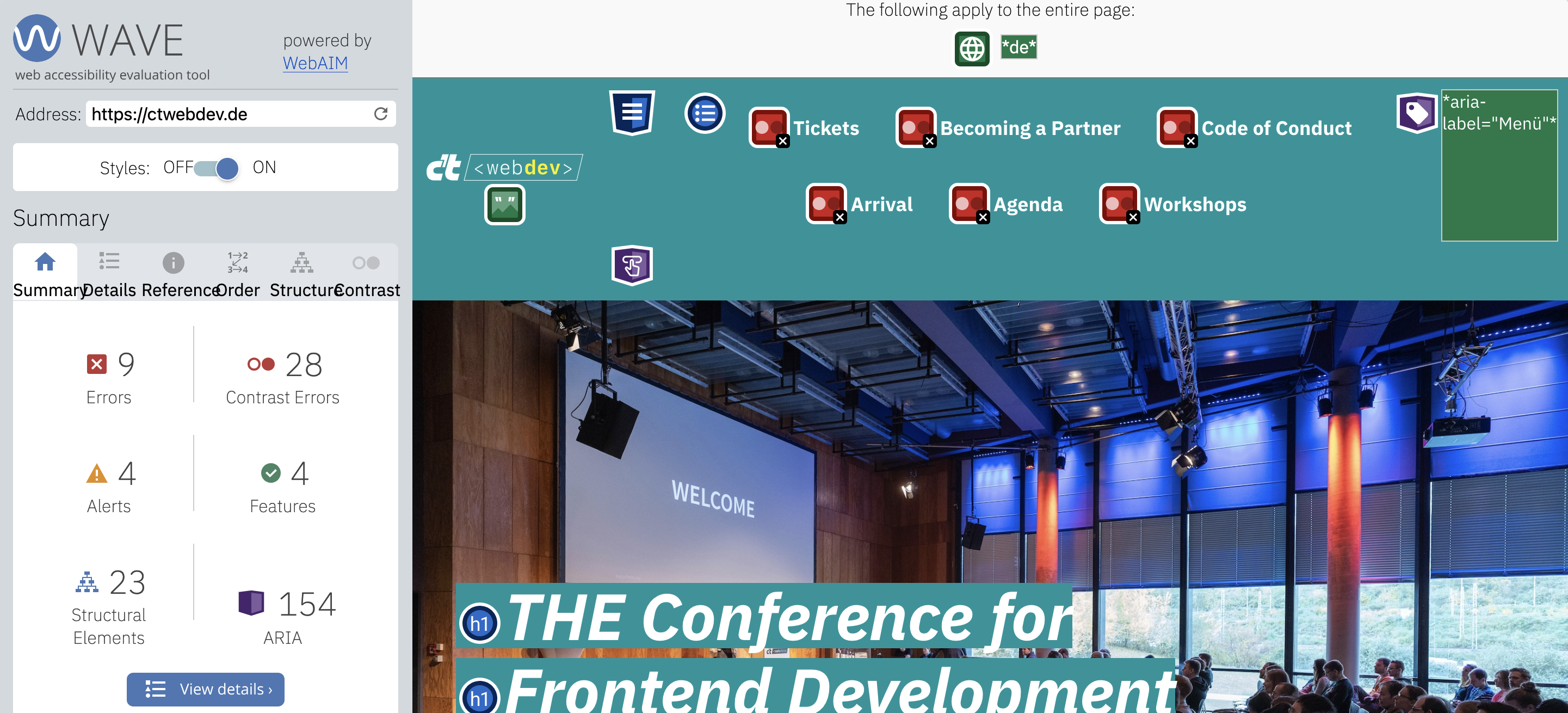 screenshot of the ctwebdev conference website with accessibility issues highlighted