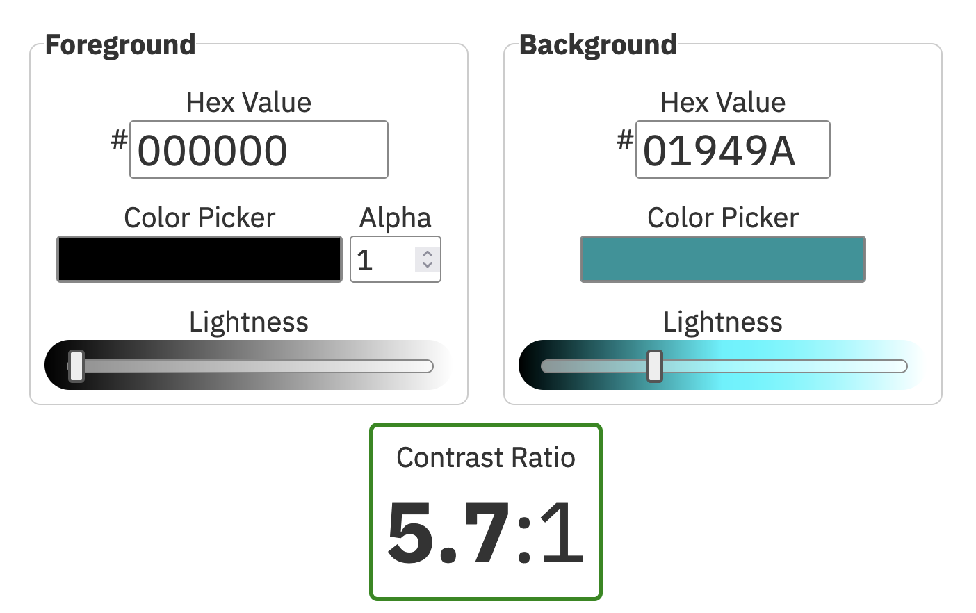 screenshot of the contrast checker with passing contrast ratio but text is black instead of white