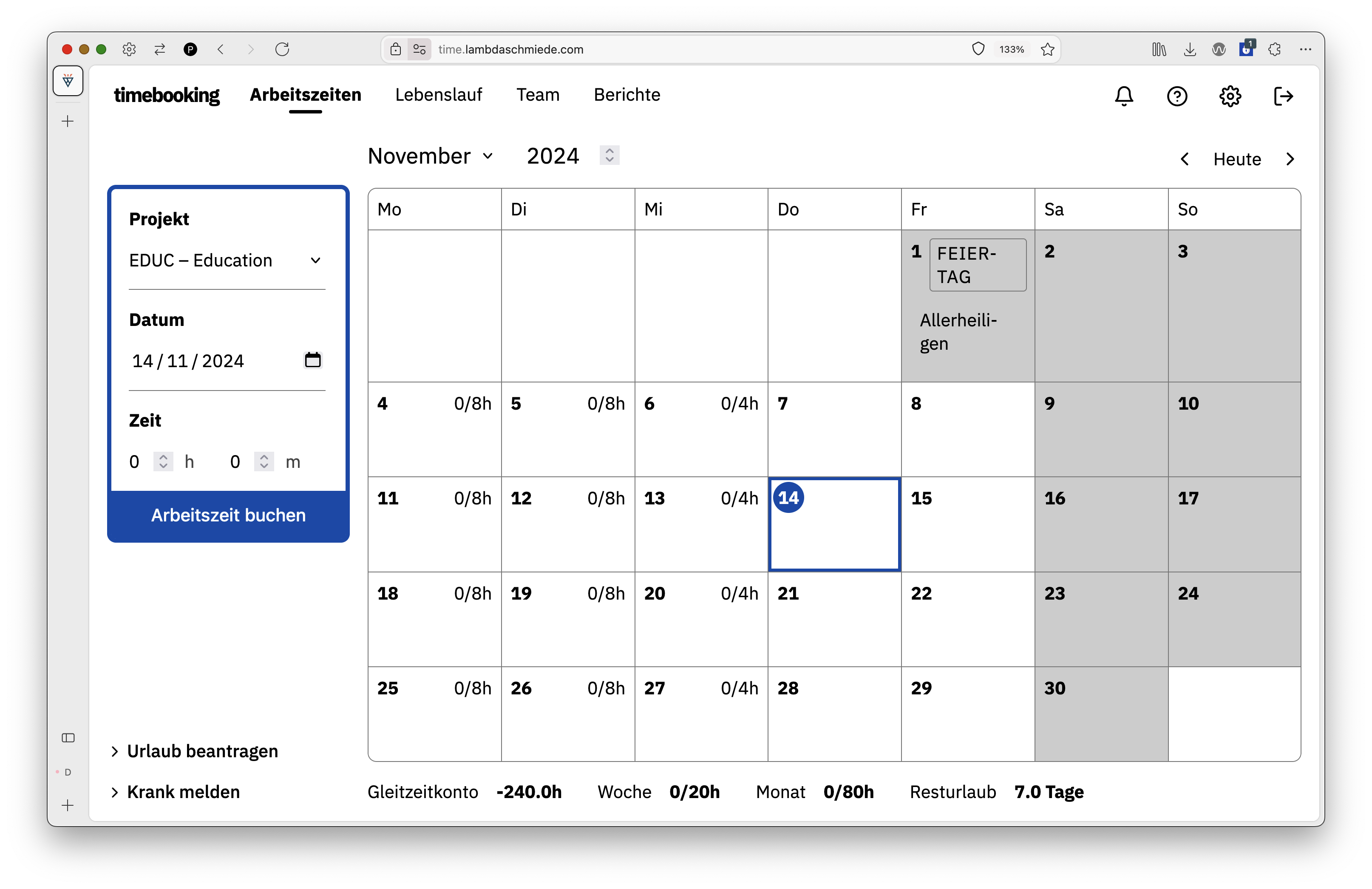 screenshot of a time tracking website with clickable day tiles