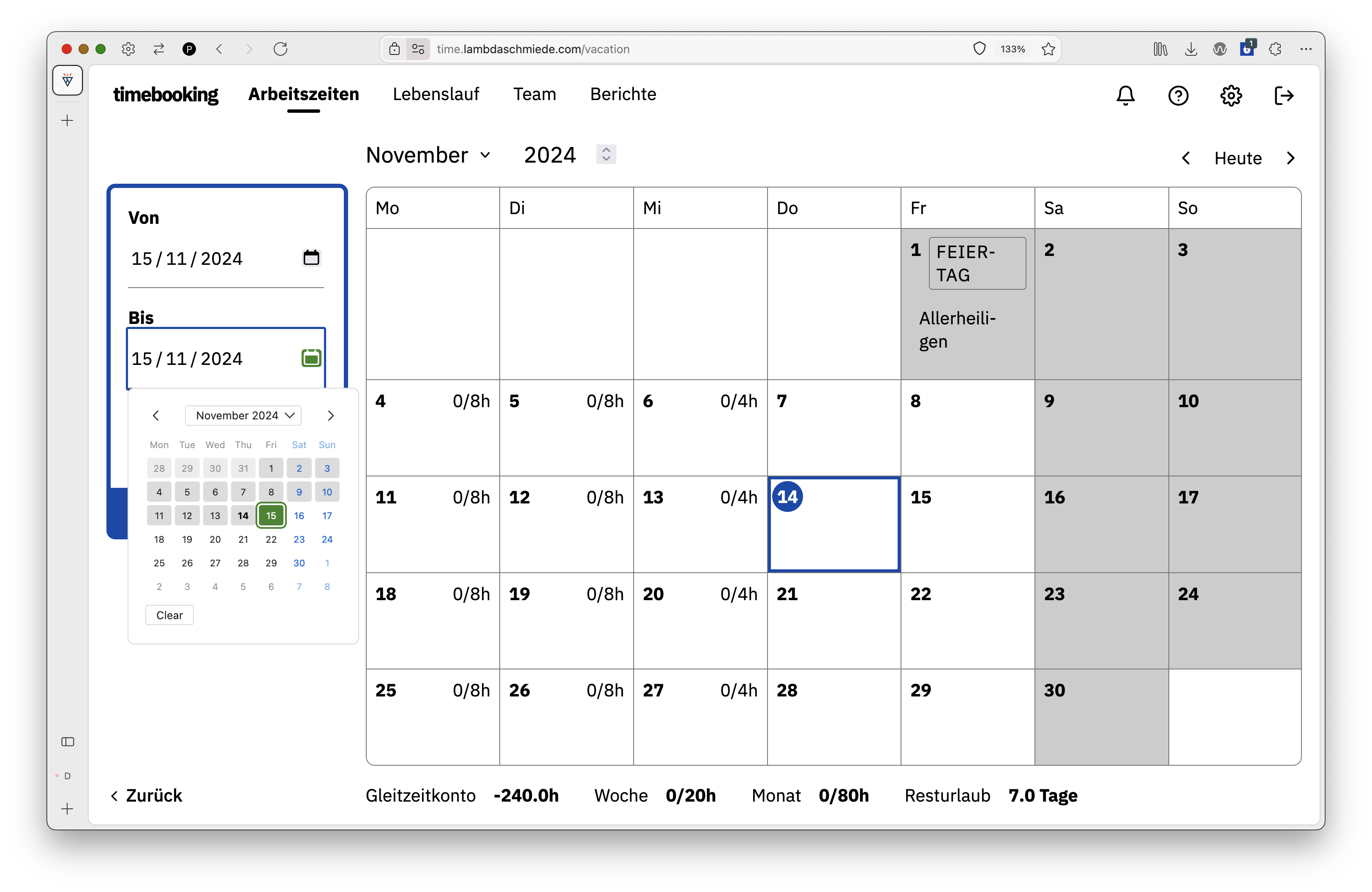 screenshot of a time tracking website with enhanced date range selection